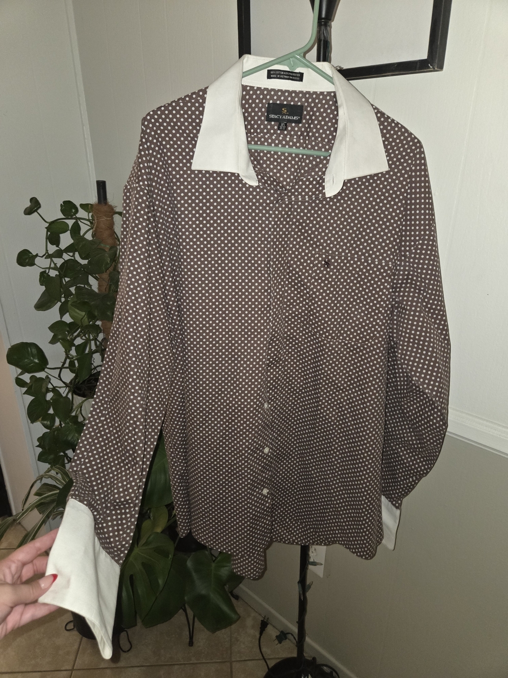 Stacy Adams Men's Brown Polka Dot Dress Shirt with White Collar